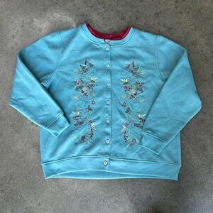 Vintage Brunswick Square Blue Floral Embroidered Button Up Cardigan Crewneck